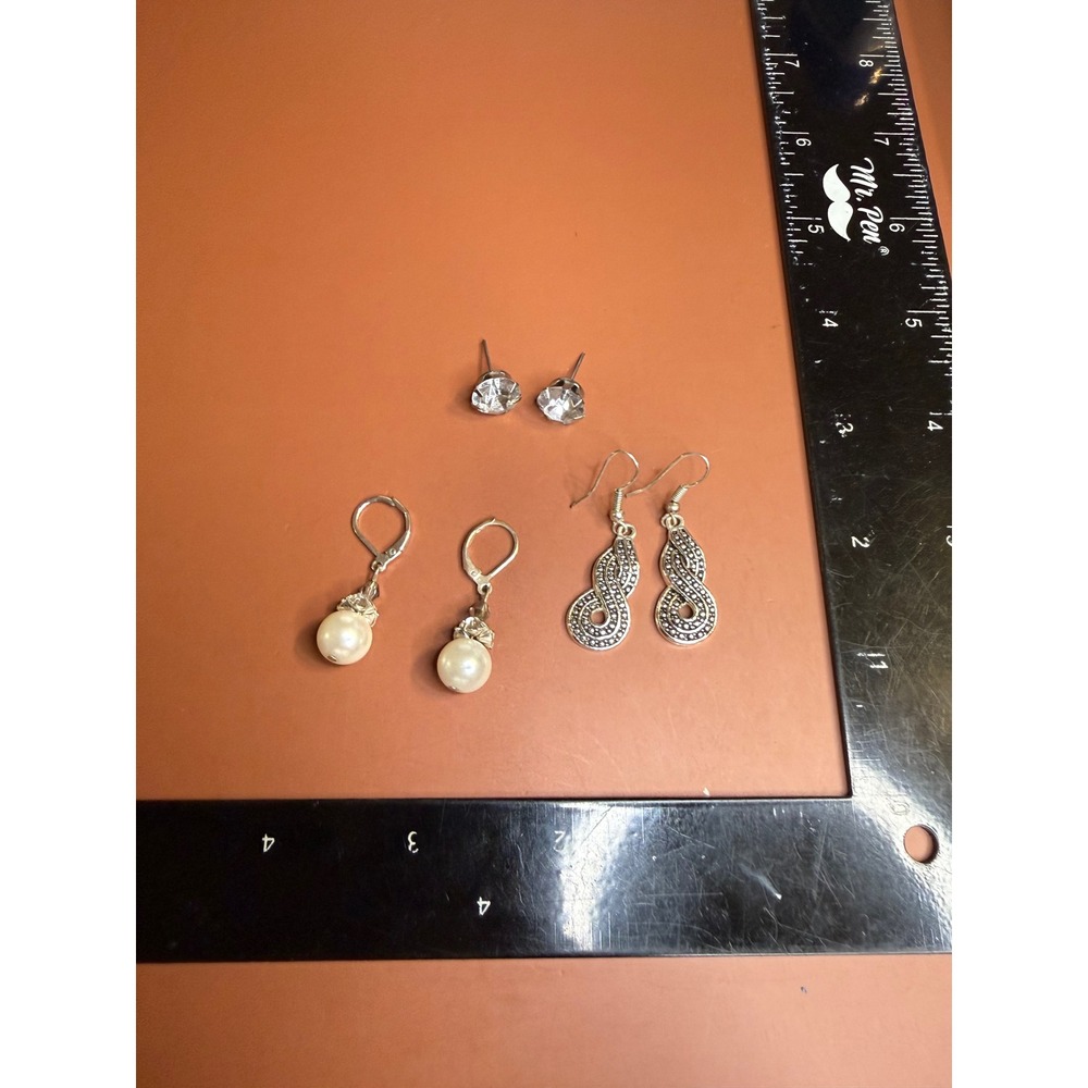 Assorted Earring Lot 3 Pairs Faux Pearl Leverback Figure 8 Drop Rhinestone Studs
